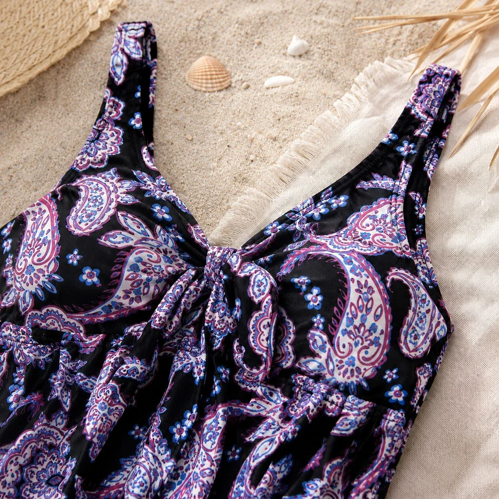 NWT Swim Solutions Paisley Bow Front Swim Dress Sz 10 Black Multi Tummy Control - Picture 6 of 8